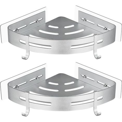 Corner metal shower shelf, no drilling required, 2 pieces, with 2 shower hooks, rustproof self-adhesive holder for bathroom supplies (silver)