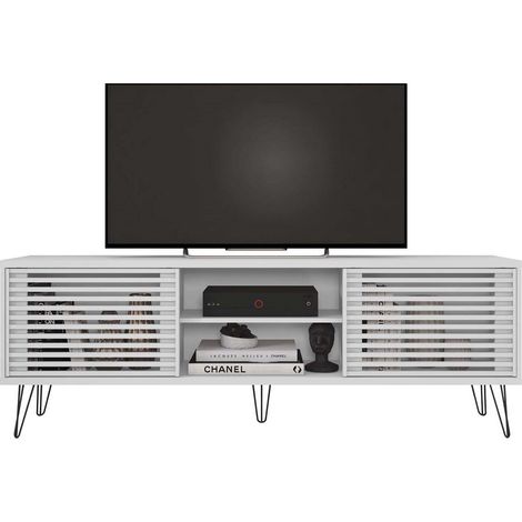 Meuble TV en bois avec 2 portes coloris blanc - longueur 180 x profondeur 36 x hauteur 46 cm -PEGANE- (1/2)