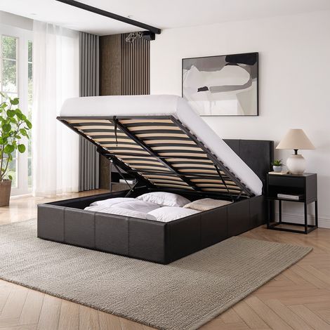 LUNA 4FT6 Double Black Ottoman Storage Bed with Gas Lift, Faux Leather Fabric