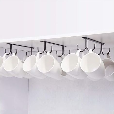 Caffè nero, con 4 viti, set di 3 portabicchieri, portabicchieri da appendere sotto il mobiletto, ganci metallici per riporre oggetti sotto il mobiletto, mensola, mobiletto, tazze, bicchieri da birra, (1/4)