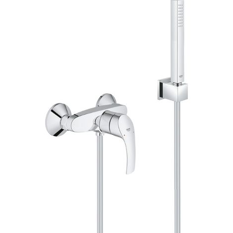 Grohe Set de douche mitigeur Eurosmart + Douchette Stick 1 jet, support mural, flexible, Chrome (33555002-CUBESTICK)