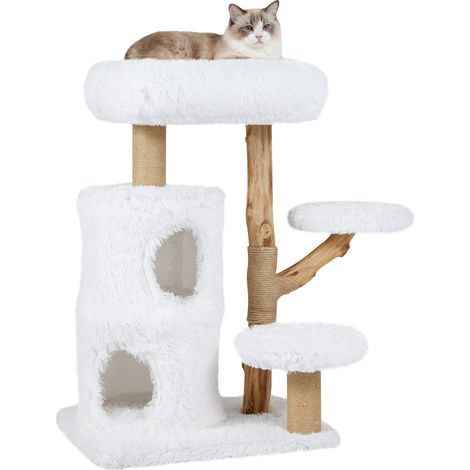 Arbre à chat moderne pour chats d'intérieur 30,5, tour à chat avec de vraies branches en bois massif - blanc (1/5)