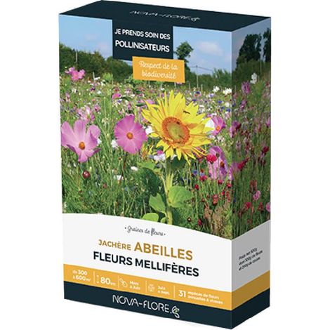 Jachère abeilles 300 à 600 m² – Graines de fleurs pour pollinisateurs – Semis de mars à juin – Floraison dès avril en 2e année – Novaflore