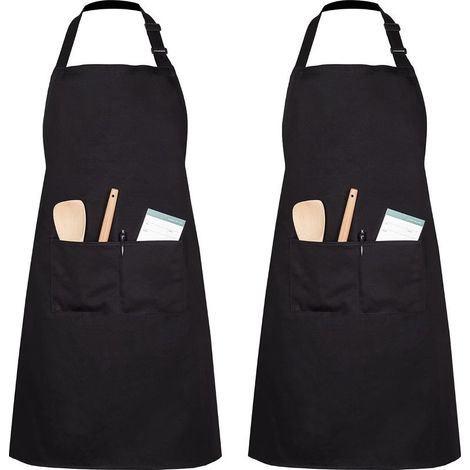 2 Packs Tablier De Cuisine avec 2 Poches Réglable Cuisson à Domicile Tabliers pour Femmes Hommes Chef (Noir Polyester) (1/5)