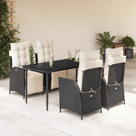 Ensemble de Jardin 5 Pièces Noir avec Coussins Table en Verre Trempé 160x80cm + 4 Fauteuils Relax en Résine Tressée Réglables (1/5)