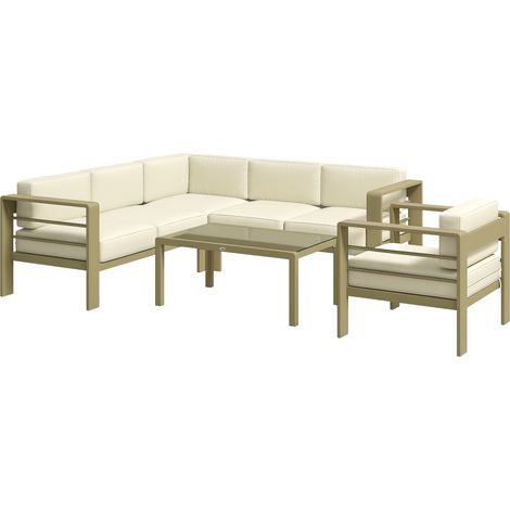 5-Piece Gold Tone Garden Corner Sofa Set with Cushions,6-Seater Aluminium Patio Furniture with Glass Top Coffee Table for Outdoor Living Spaces (1/5)