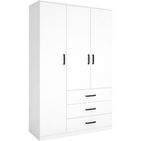 Armario 3 Puertas Valdengo, Ropero Dormitorio 3 Estantes, 3 Cajones, Colgador, 90x47 cm Blanco