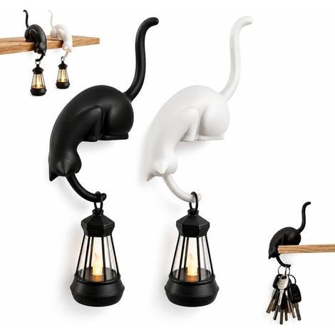 Set mit 2 katzenförmigen Regalhaken mit LED-Laterne – Schwarz-Weiß – Bücherregalbeleuchtung – Dekoratives Nachtlicht (1/5)