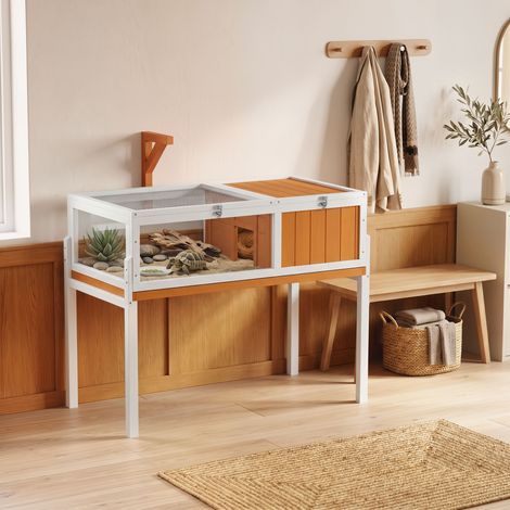 Enclos en bois pour tortues comprenant une maison principale, une fenêtre d'observation et un couvercle, 104 cm x 53 cm x 82 cm, blanc et orange