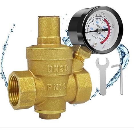 DN20 Réducteur de Pression D'Eau, Reducteur de Pression Eau, Pression D'Eau Réglable, Régulateur de Pression D'Eau, Réduction de Pression D'Eau Réglable en Laiton avec Manomètre Compteur (1/5)