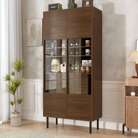 Vitrine de rangement noyer en MDF avec portes vitrées, tiroirs discrets et étagères pour salon, salle de bain ou bureau (1/5)