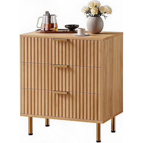 Commode Bois Naturel 3 Tiroirs Cannelée, Meuble de Rangement Moderne avec Pieds Dorés, Marron (1/5)