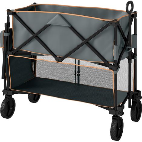 Double Decker Folding Trolley on Wheels, 200KG & 350L Capacity Collapsible Wagon Festival Trolley Cart with 134cm Extended for Camping Sports Shopping Garden and Beach, Grey