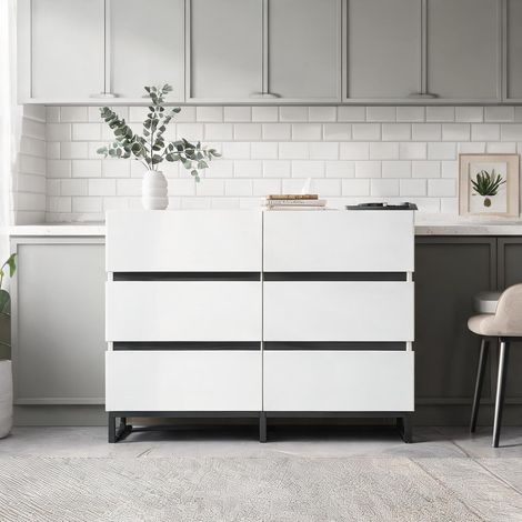 Meuble buffet blanc 6 tiroirs avec pieds métal noir coloris blanc (1/5)