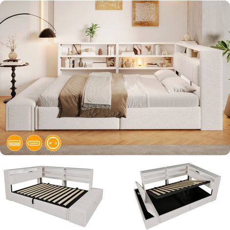Lit Banquette Coffre 140x200 cm, Rangement Hydraulique, Banc de Bout de Lit, Meuble Latéral Réversible, LED et USB, Velours Blanc (1/5)