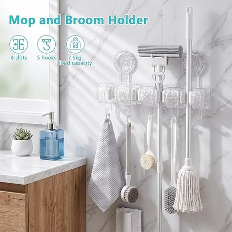 Porte Balai Mural Sans Perçage, Accroche Balai Mural avec 4 Supports et 5 Crochets, Support De Vadrouille Auto Adhésif, Porte Outils de Jardin Mural, Salle de Bain, Cuisine, Jardin (1/4)