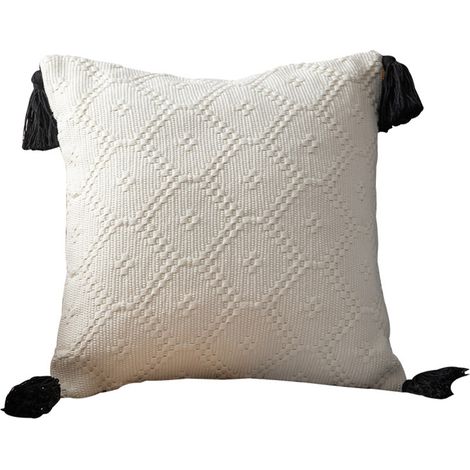 Taie d'oreiller en coton tissé, couleur unie, pompons double face, simple et polyvalente, pour canapé, bureau (blanc, 45 x 45 cm)
