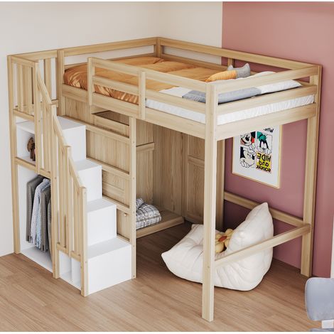 Hochbett 90x200 cm Mit Holzgestell In Naturholzfarbe (1/5)