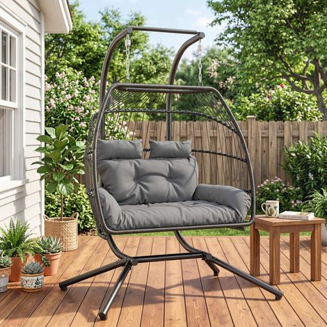 Fauteuil suspendu pliable en osier avec coussin et structure en acier. pour une utilisation intérieure et extérieure. charge maximale de 260 kg. gris foncé