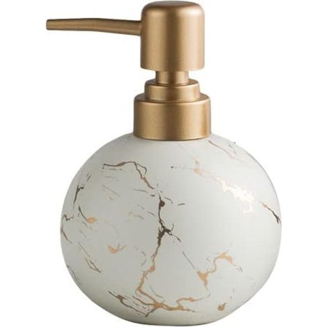 Distributeur de Savon doré pour Salle de Bain ou Cuisine - Joli Flacon de Lotion Rond en céramique - Pompe antirouille - Blanc (1/5)