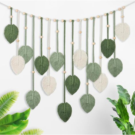 Boho Makramee Wandbehang mit Holzperlen, Baumwoll Wandteppich Grün Beige Blätter, Wanddeko mit 2 Haken 120x75cm (1/5)