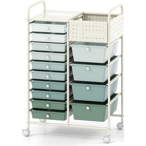 Chariot de rangement mobile vert dégradé 14 tiroirs avec plateau métallique et panneau perforé pour cuisine bureau et atelier