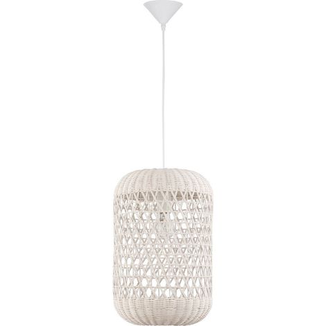 Merano Allentown Plafonnier Dome Suspension Rotin Blanc Fil Tissu Blanc, Culot LED E27