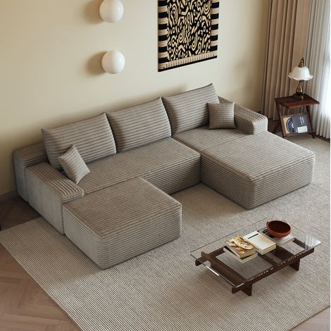 Divano angolare modulare 270 cm con chaise longue a L, tessuto a coste, camel HAVRYA (1/5)