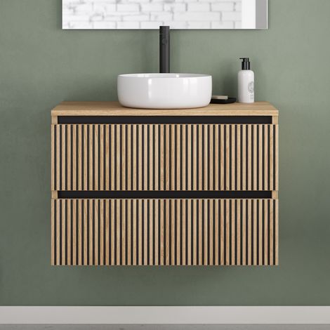 Meuble de salle de bain 80cm avec plateau et vasque à poser ronde - 2 tiroirs - sans miroir - roble era (chêne clair) - VENERIA