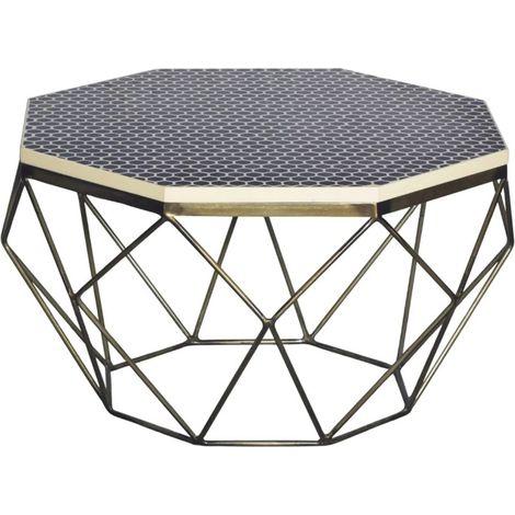 Tavolino basso NEXORA 69 cm in poliresina nera e ferro finitura ottone design geometrico