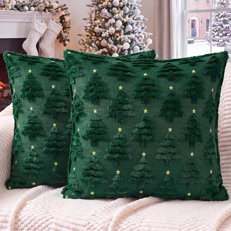 Lot de 2 housses de coussin de Noël (45 x 45 cm) à motif de sapin vert  confort en peluche double face avec broderie en relief d'un sapin d'hiver, conçues pour les canapés. (1/5)