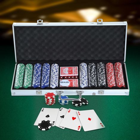 Coffret de poker 500 jetons, 2 jeux de cartes, 5 dés, valise en aluminium 55,5x22x6,5cm pour soirées poker et jeux (1/5)