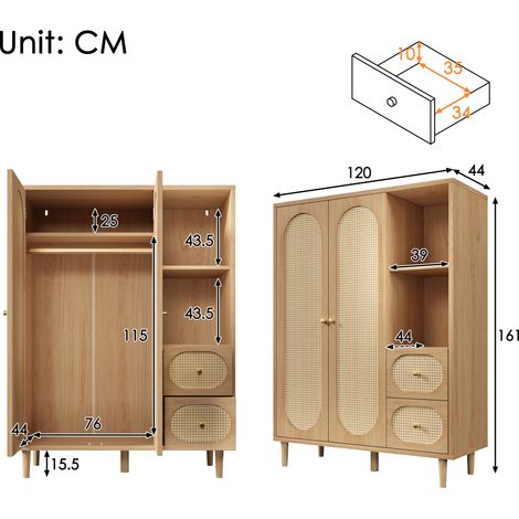 Armoire chêne 161x120x44 cm 2 portes,2 tiroirs,étagères ouvertes. Assemblage facile,design intemporel pour chambre et couloir.