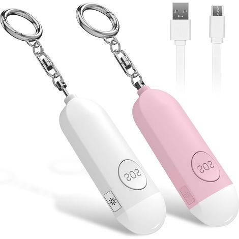2pcs Rechargeable Pocket Alarm (Pink+White), Basic Personal Defense, Comes with 130DB Anti-Attack Siren and LED Light, Suitable for Women, Kids and Elderly (1/5)