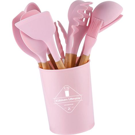 Lot de 12 ustensiles de cuisine en silicone rose, avec manche en bois, antiadhésif, rangement dans seau, ensemble de 11 pièces en silicone (1/5)