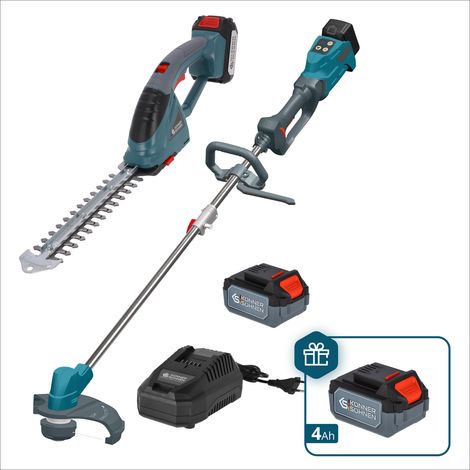 Kit de Jardín Könner & Söhnen KS SHT-BCT-SET: Cortasetos/Tijeras 2-en-1 y Desbrozadora Brushless, incluye Cargador Rápido y Batería 4Ah de REGALO