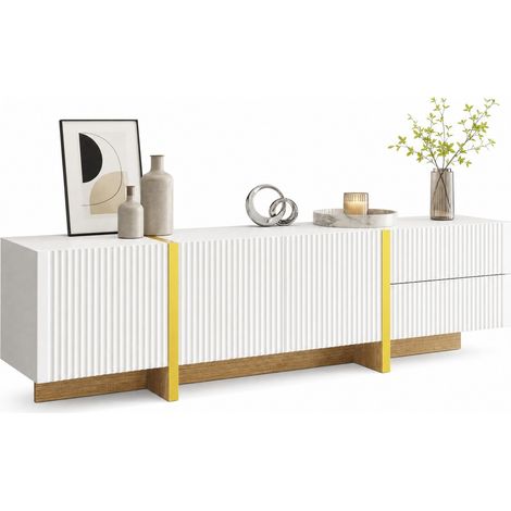 Meuble TV 190 cm blanc et doré avec 2 tiroirs, 3 portes, grand rangement, charnières amorties et style élégant pour salon - CHICFURN (1/5)