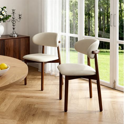 Set di 2 sedie da pranzo, schienale ergonomico, gambe in rovere, PU, bianco e noce (1/5)