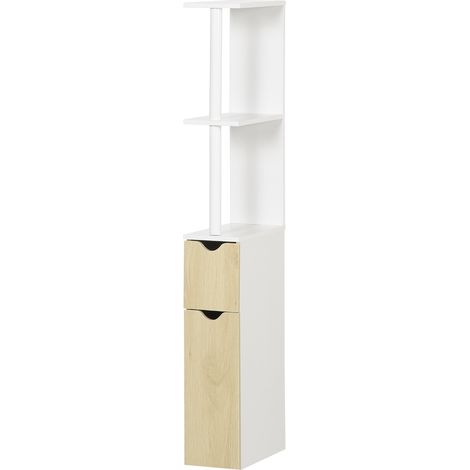 Badezimmerschrank mit 2 Ablagen und 2 Fächern, platzsparender Hochschrank 15,2 x 29,8 x 118 cm, Weiß und Holz