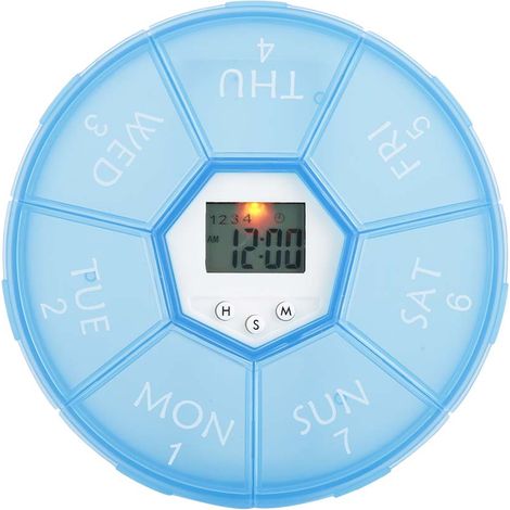 Étui de rangement de pilules 7 compartiments mini portable bleu avec rappeur, boîte à médicaments organiseur pour comprimés et bonbons. (1/5)