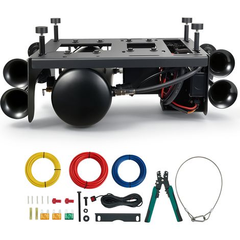 VEVOR Kit de Bocina de Aire 4 Trompetas 150 dB, con Tanque Compresor de Aire de 150 PSI y Tanque de 10 L, Gran Penetración, Manómetro, a Prueba de Fugas, para Camiones, SUV, Vehículos Todoterreno 12V (1/5)