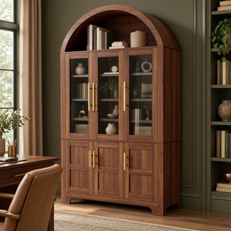 Buffet vitrina vertical con nicho arqueada, 110 x 40 x 185 cm, MDF, nogal (1/5)