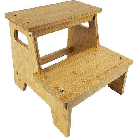 Marche Pied Bois, avec 2 Marches, Poignée et Tapis Antidérapant, Sûr et Stable, Surface Lisse et sans Bavure, Adapté Aux Salles de Bains, aux Cuisines et aux Chambres d'enfants (1/5)