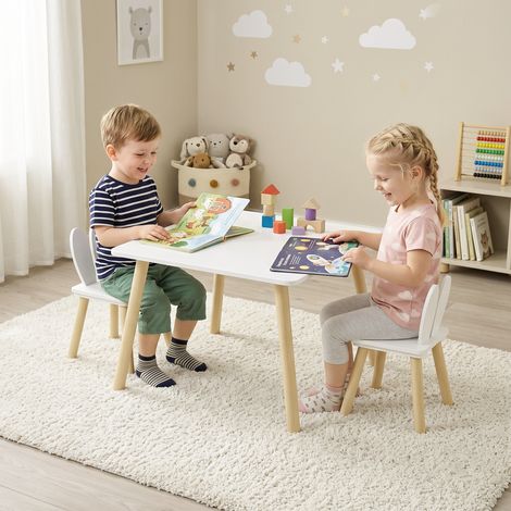 Ensemble table et 2 chaises pour enfants, dossier à oreilles de lapin, design mignon, adapté aux 3‑6 ans, blanc (1/5)