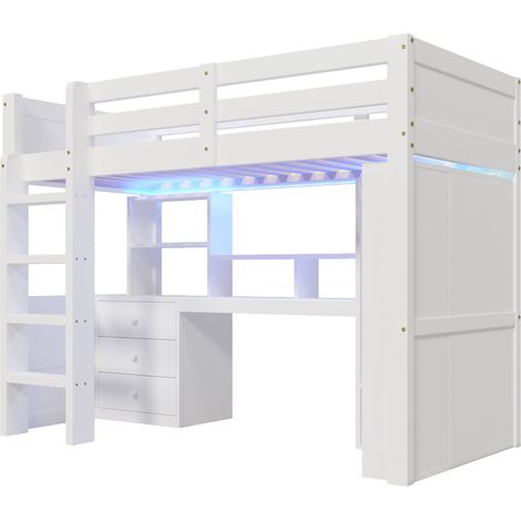 Letto a soppalco 90 x 200 cm con LED, scrivania, armadio e vani, bianco, senza materasso (1/5)