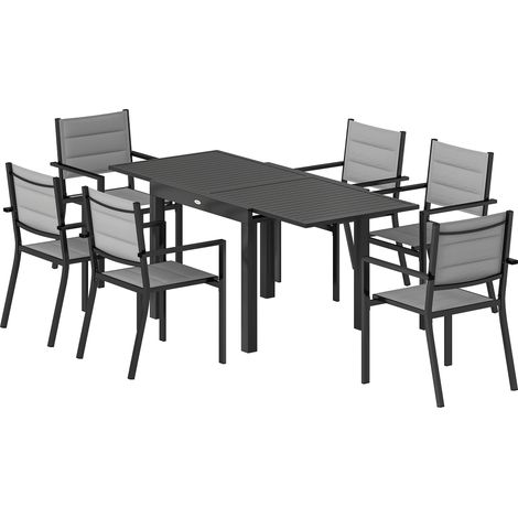 Salon de jardin 7 pièces table extensible aluminium 6 chaises empilables textilène rembourré 90/180x80x75 cm gris