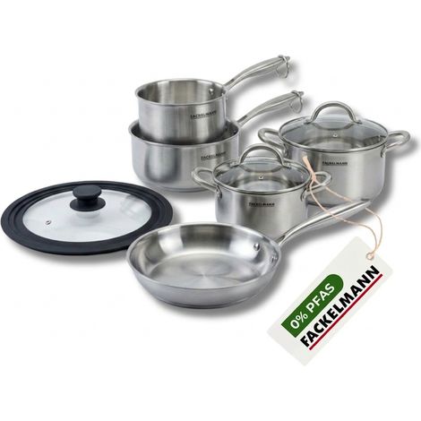 Poêle à Frire 28 cm, Casseroles 14 et 18 cm, Faitouts 20 24 cm inox 18/10 Triply et couvercle Fackelmann Vita3 (1/5)