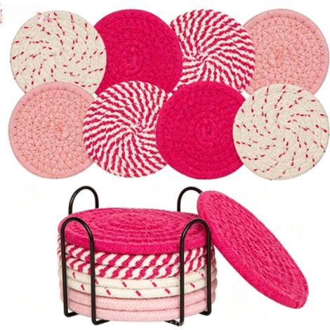 Juego de 8 posavasos absorbentes con base, de algodón, que miden 11 x 11 x 7,3 cm, en color rojo. (1/5)