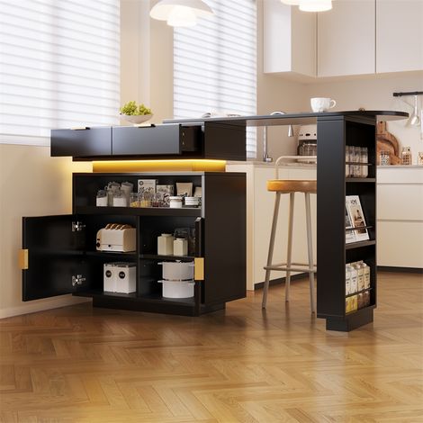 Table de Bar Extensible 115-183x40x99.5cm - Îlot de Cuisine Pivotant avec Éclairage LED et Rangement - Moderne - Noir (1/5)