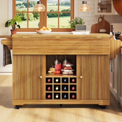 Isla de cocina con ruedas y mesa extensible, 142,5 x 80 x 95 cm, marrón oscuro DESVIAE (1/5)